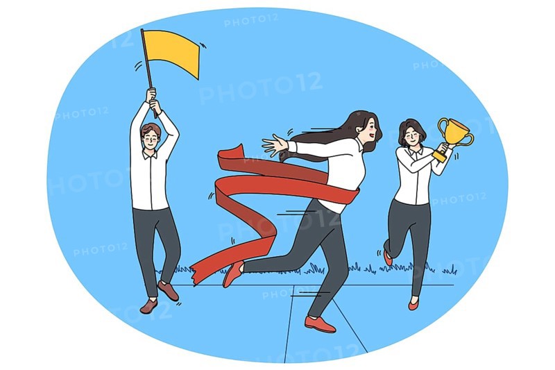 Motivated female employee feel euphoric cross finish line reach business goal. Excited woman worker achieve career target or aim. Way to victory. Winner and success. Vector illustration