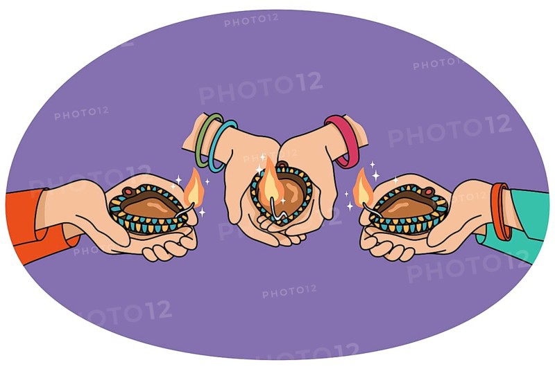 Closeup of people holding oil lamps celebrate traditional indian event. Hands with candles on Diwali festival in India. Culture and diversity concept. Vector illustration