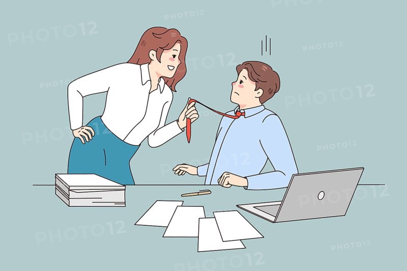 Young woman employee pull male employee tie seduce him at workplace. Female worker show attraction to man coworker. Sexual harassment and abuse in office. Flat illustration