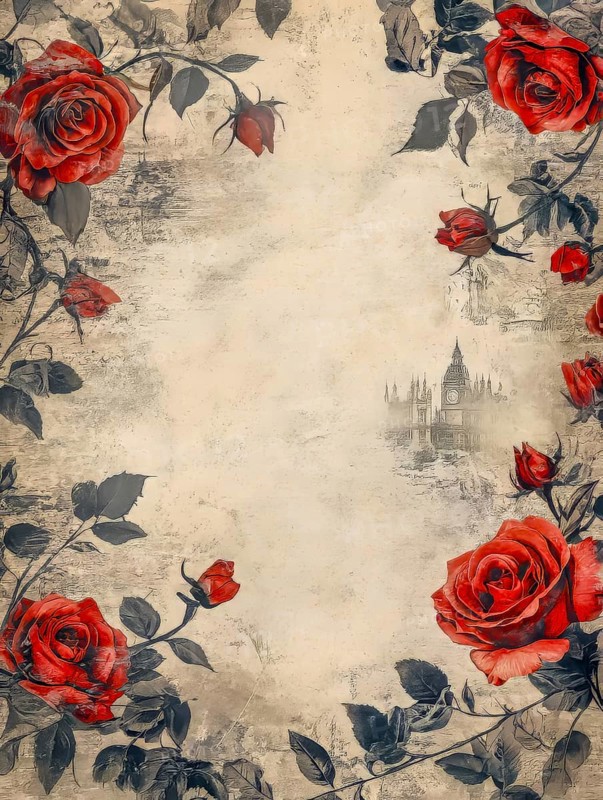 Floral border of red roses with vintage sketches of Big Ben, in an antique style, AI generated