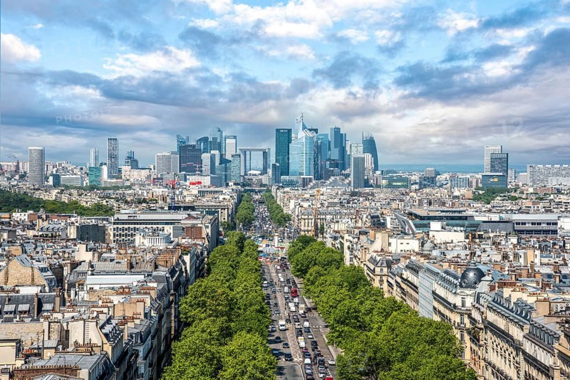 Panoramic View from Arc de Triomphe to La Defense District, Paris, France, Europe