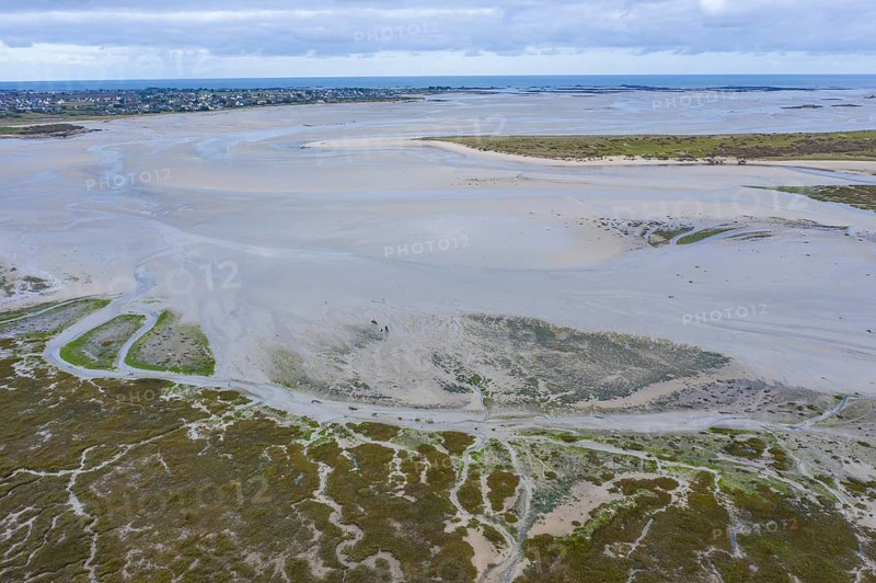 Aerial view Baie de Goulven bay at Keremma dune on the English Channel at low tide, sandbanks, Goulven, Leon, department Finistere Penn-ar-Bed, region Bretagne Breizh, France, Europe