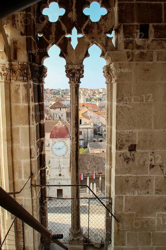 View from the bell tower of the cathedral in Trogir to the church St. Sebastian, Croatia, Europe