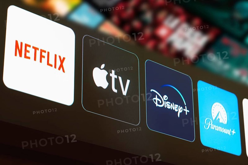 In this photo illustration the Netflix, Apple TV, Disney Plus and Paramount Plus logo is displayed on a TV screen