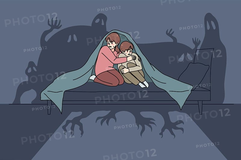 Scared small children sit on bed under blanket terrified by imaginary monsters. Frightened little kids feel fear and anxiety because of house ghosts. Childhood nightmare. illustration