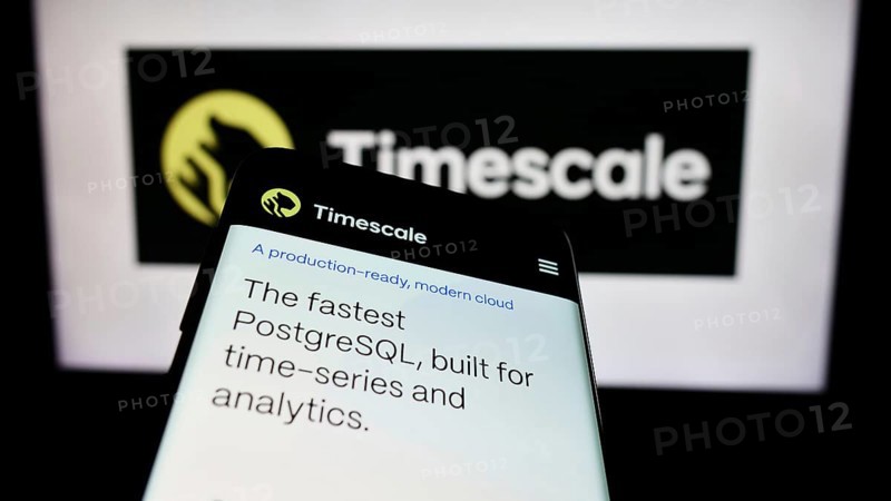 Stuttgart, Germany, 04-02-2024: Mobile phone with website of US database software company Timescale Inc. in front of business logo. Focus on top-left of phone display, Europe