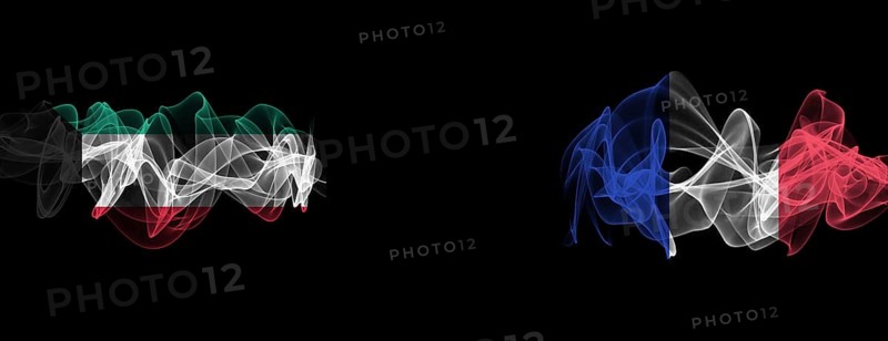 Flags of Kuwait and France on Black background, Kuwait vs France Smoke Flags