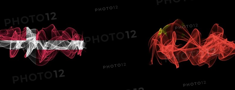 Flags of Denmark and China on Black background, Denmark vs China Smoke Flags