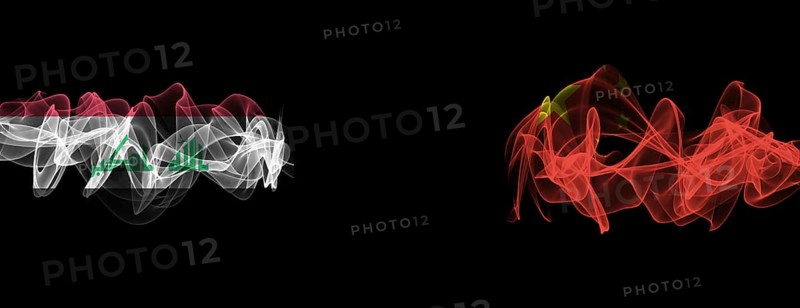 Flags of Iraq and China on Black background, Iraq vs China Smoke Flags