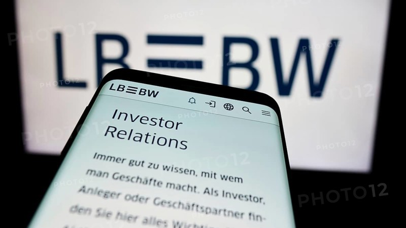 Stuttgart, Germany, 07-15-2024: Mobile phone with website of German company Landesbank Baden-Wuerttemberg (LBBW) in front of business logo. Focus on top-left of phone display, Europe
