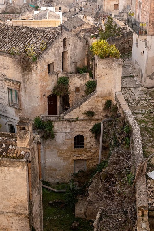 Abandoned ruins of residential cave houses in downtown Matera, Southern Italy