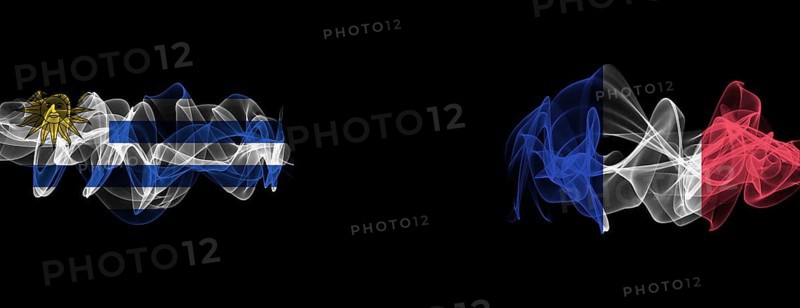 Flags of Uruguay and France on Black background, Uruguay vs France Smoke Flags