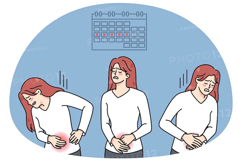 Unhealthy woman suffer from painful menstruation. Unwell female struggle with stomach ache during periods, need painkiller. Feminine health concept. Vector illustration