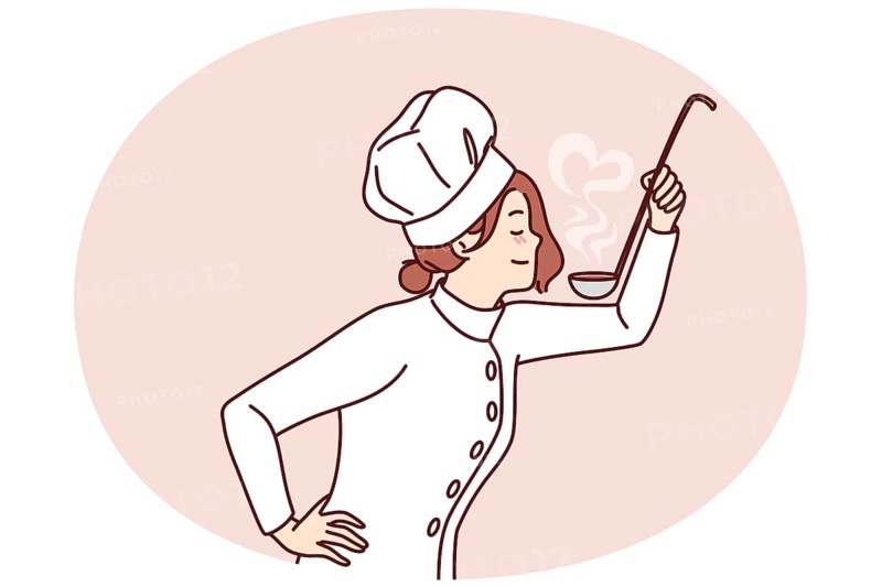 Woman cook with ladle in hand tries soup or sauce from menu preparing dish for restaurant guests. Girl in uniform and cook chef hat cooks food enjoying favorite job in cafe or diner