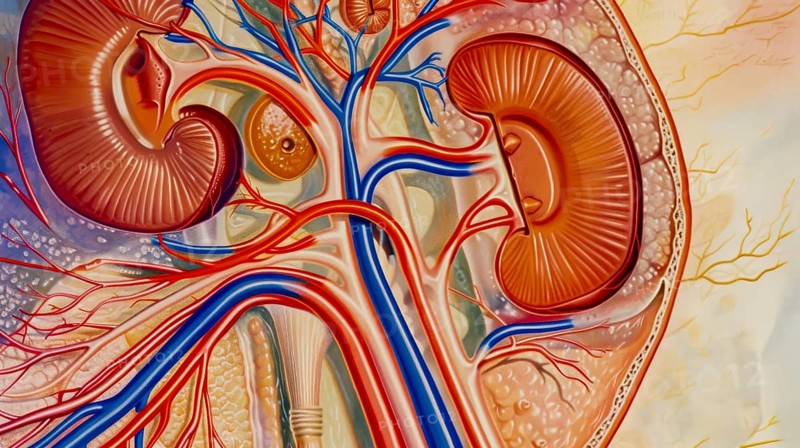 Detailed anatomical illustration of kidneys with arteries and veins, AI generated
