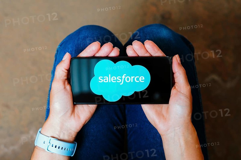 In this photo illustration, the Salesforce logo is displayed on a smartphone screen