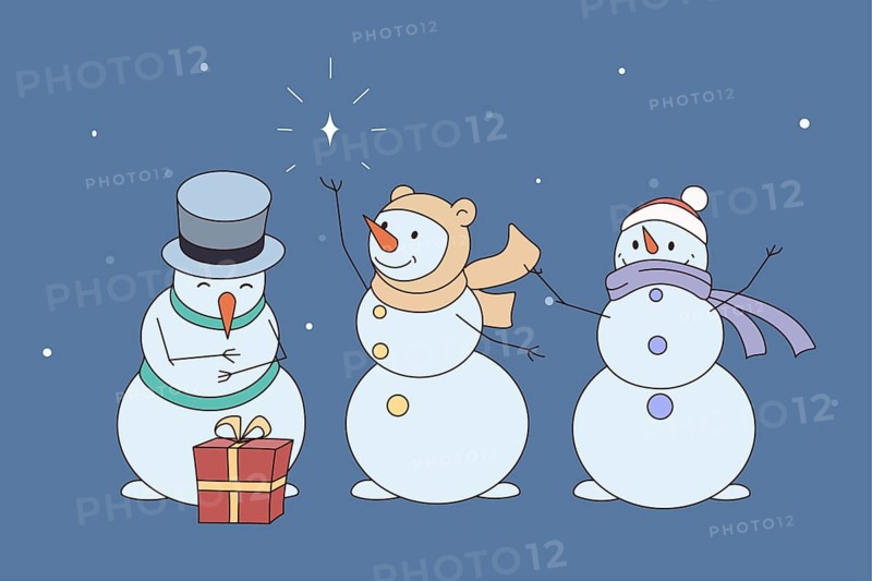 Diverse happy snowmen in hats and scarves congratulate with New Year holidays. Smiling snow men for winter celebration. Merry Christmas concept. Flat illustration