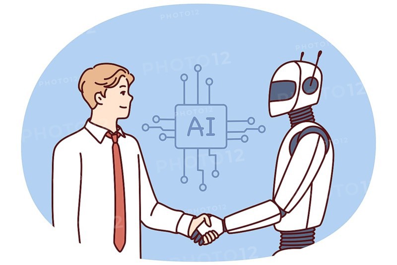 Man shakes hands with robot as sign of friendship between humans and artificial intelligence AI. Concept developing technologies equipped with artificial intelligence and neuron networks