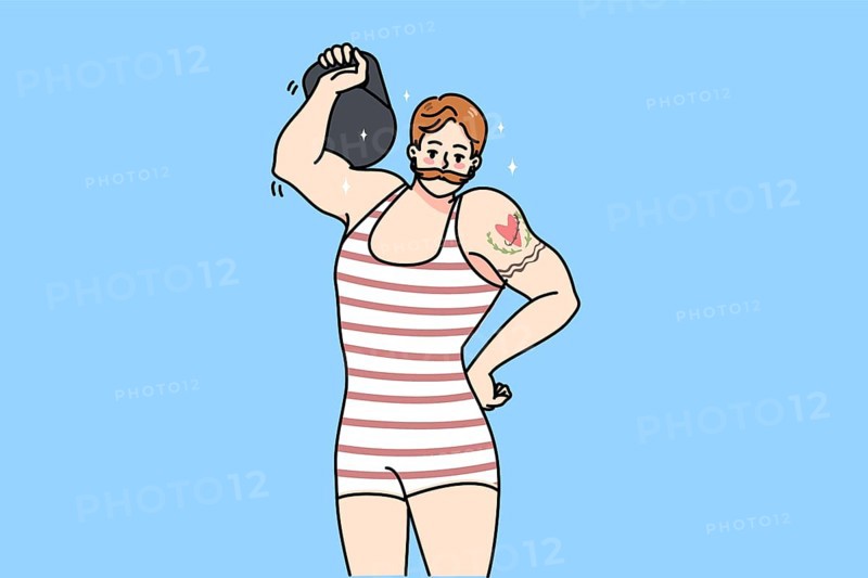 Male circus powerlifter with tattoo wear tricot lift dumbbell show power. Strongman or weightlifter perform stunt with barbell. Powerlifting performance, sport concept. illustration