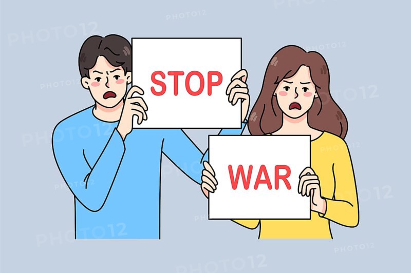 Angry people with banners protest against war and invasion. Determined mad activists with signs in hands on demonstration or riot fight for peace. Flat illustration