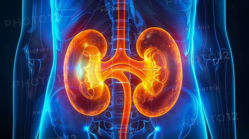 3D visualization of the human kidneys glowing in orange against a blue-toned x-ray style, AI generated
