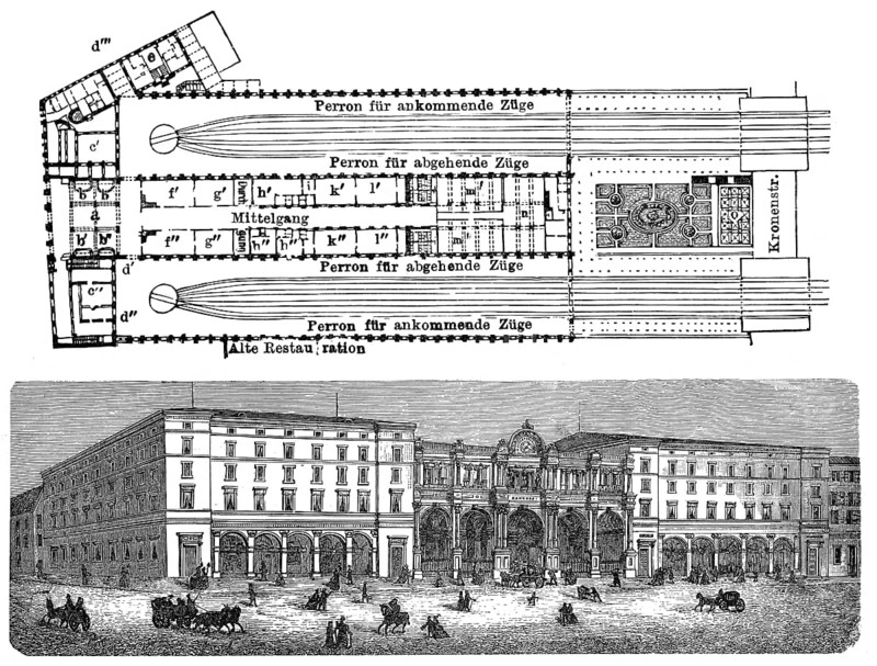 Historical illustration, 19th Century, Main station, Stuttgart21 project, Stuttgart, Baden-Wuerttemberg, Germany, Europe, Stuttgarter Hauptbahnhof, Projekt Stuttgart21, Stuttgart, Baden-Württemberg, Deutschland, Europa, historische Zeichnung, 19. Jahrhundert, Europe
