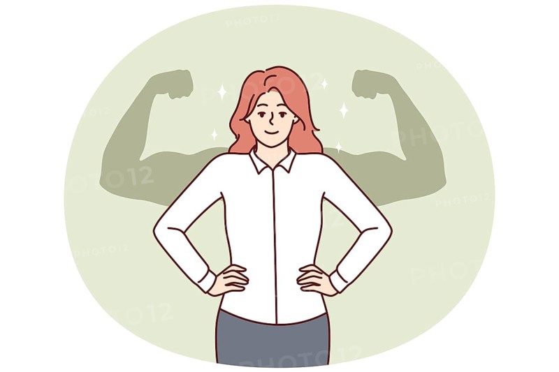 Successful businesswoman stands with hands on waist imagining giant muscular arms behind back. Businesswoman feels strength and leadership skills after gaining new knowledge or training for management