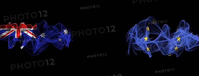 Flags of Australia and EU on Black background, Australia vs Europe Union Smoke Flags