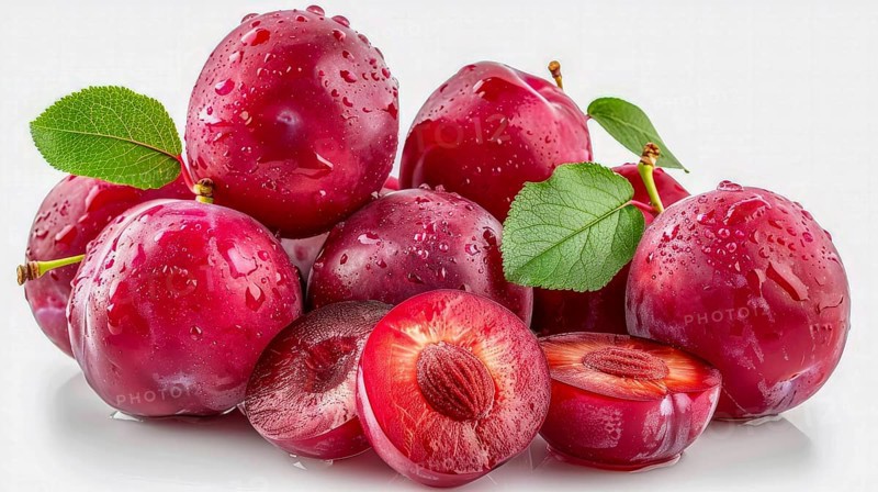 Vibrant red plums (Prunus Domestica) with moisture and green leaves, presenting a fresh and natural appearance, AI generated