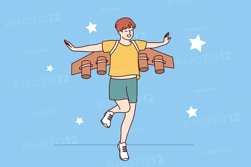 Little boy dreams of becoming pilot or astronaut and jumps in suit with airplane wings. Cheerful teenager imagines that became professional pilot and went to fly through starry sky