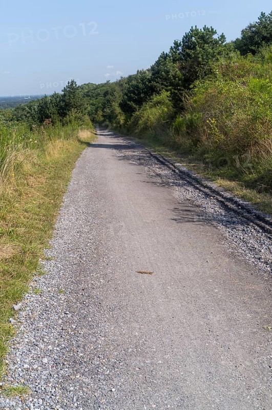 Wide gravel path on a hill with a distant view