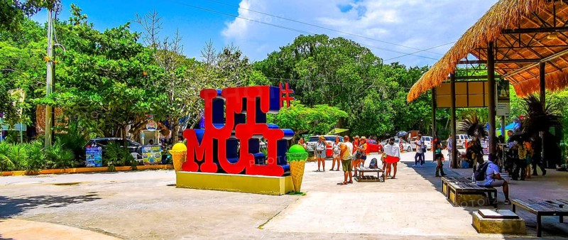 Tulum Mexico 19. August 2023 Big red sign lettering writing Tulum Magico in Tulum Quintana Roo Mexico