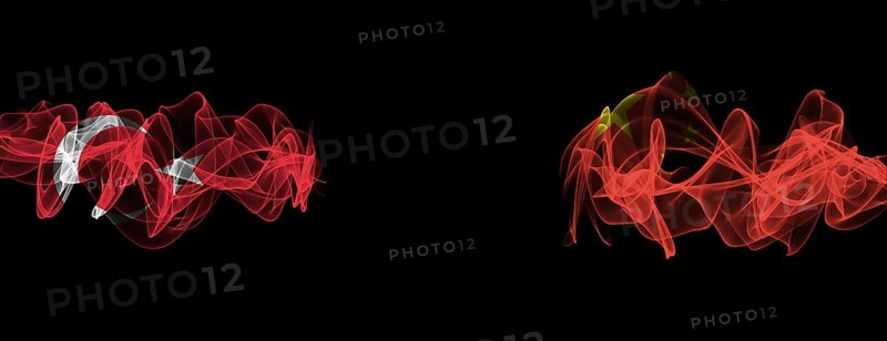 Flags of Turkey and China on Black background, Turkey vs China Smoke Flags