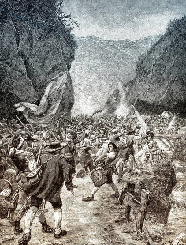 The Tyrolean Rebellion of 1809, Battle of Bergisel, between the forces of Emperor Napoleon I of France and the Kingdom of Bavaria against Tyrolean militiam, Der Tiroler Volksaufstand, Schlacht am Bergisel, 1809, ein Aufstand der Tiroler Bevölkerung gegen die bayerische Besatzung