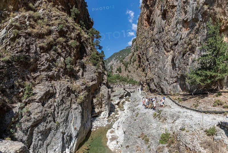 A picture of the classic Samaria Gorge landscape, with rocks on the ground and surrounding trees and mountains