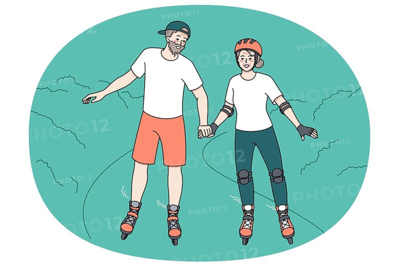 Happy mature couple have fun on roller blades on weekend in park. Overjoyed active energetic elderly man and woman ride rollers enjoy happy maturity together. Vector illustration