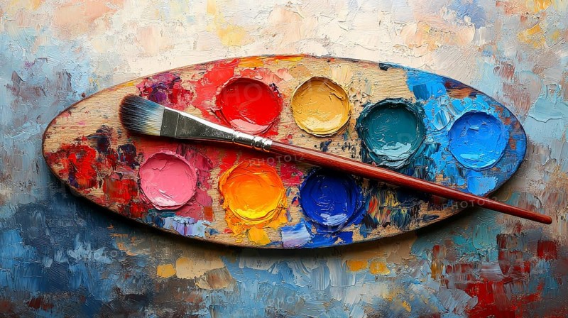 Wooden palette with vibrant thick paint and a brush on an abstract textured background, AI generated