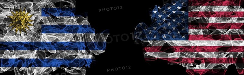 Flags of Uruguay and USA on Black background, Uruguay vs USA Smoke Flags