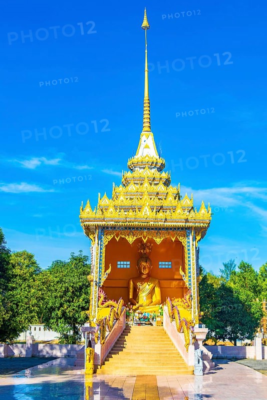 Golden Big Buddha statue in holy shrine in Wat Phadung Tham Phothi temple in Khao Lak Phang-nga Thailand
