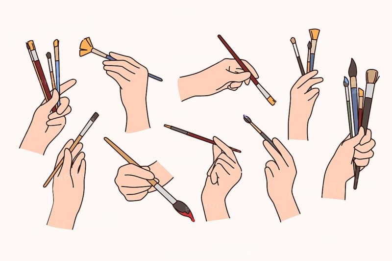 Set of person hands holding painting brushes. Collection of people artists or painter with artistic tools and equipment. Hobby and activity. Paintbrush. Flat illustration