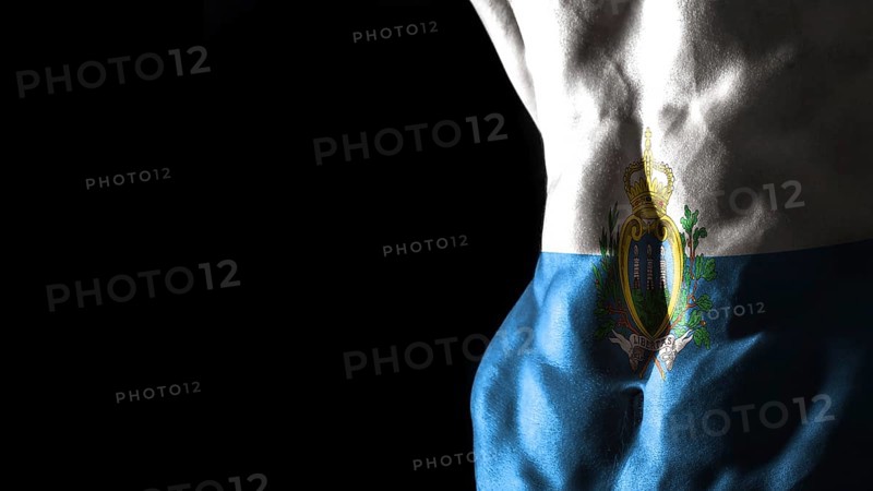 San Marino flag on abs muscles national sport workout, bodybuilding concept, black background