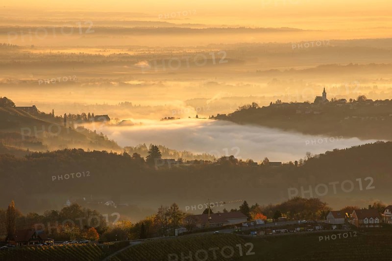 Autumn atmosphere in the golden morning light, fog drifts over the hilly landscape, silhouette of Frauenberg church in the background, view from the Demmerkogel viewing platform, St. Andrä-Höch, Sausal wine country, Styria, Austria, Europe