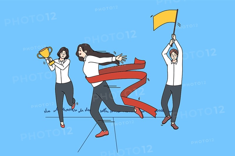 Motivated female employee feel euphoric cross finish line reach business goal. Excited woman worker achieve career target or aim. Way to victory. Winner and success. illustration