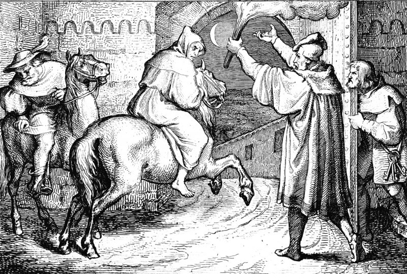 Martin Luther leaves Augsburg on horseback, city gate, night, riding, torch, secret, religion, 16th century, historical illustration c. 1860