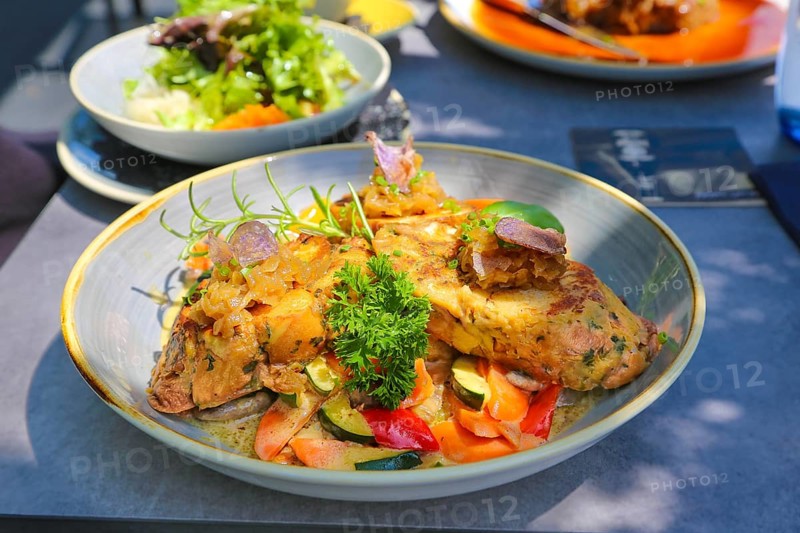 Vegetarian cuisine, sautéed dumplings on colourful vegetables, bread dumplings, rosemary, basil, parsley, courgettes, carrots, red peppers, main course, healthy, plate, food photography, studio, Germany, Europe