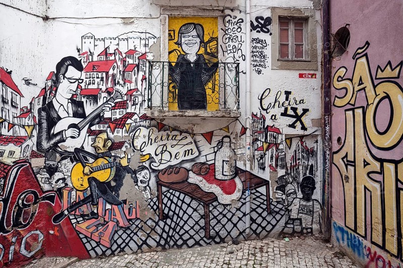 Wall painting, street art, graffiti, Escadinhas de São Cristóvão, historic centre, Lisbon, Portugal, Europe