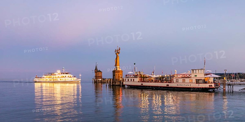 Excursion boat, the Imperia and restaurant on the historic ferry Constance in the harbour, Constance, Lake Constance, Baden-Württemberg, Germany, Europe