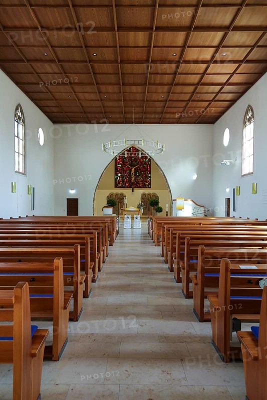 Pews, back choir room, Protestant St. Andrew's Church, sacred building, Eningen unter Achalm, Baden-Württemberg, Germany, Europe