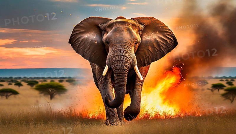 Climate change, global warming, bush fires, an African elephant flees from a fire in the African savannah, AI generated