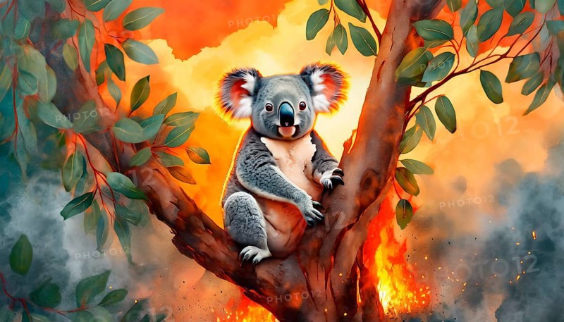 Climate change, global warming, bushfires, a koala in Australia sitting on a burning eucalyptus tree, AI generated